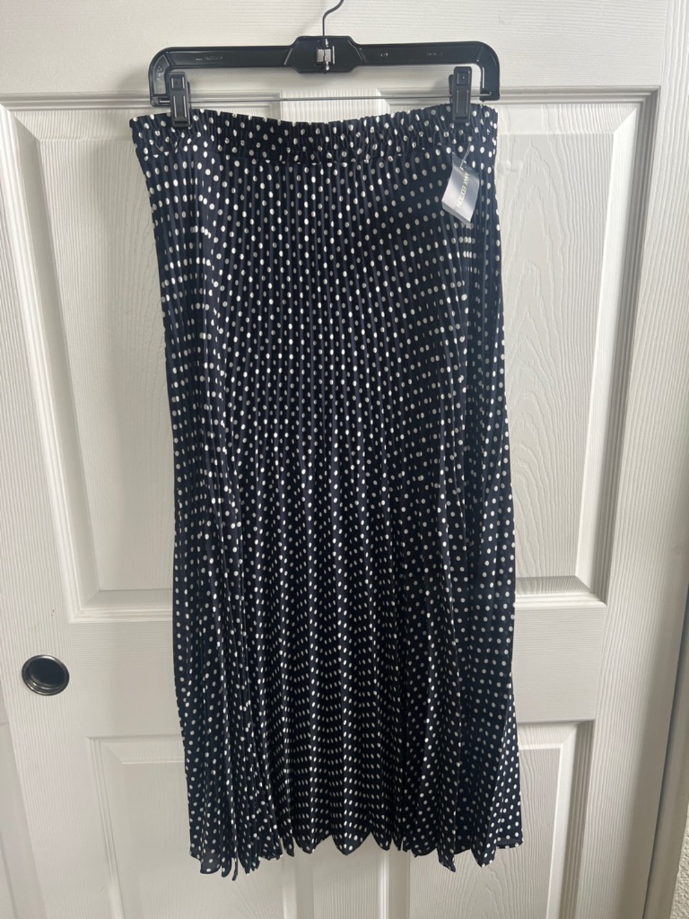 Navy Polka Dot Pleated Midi Skirt